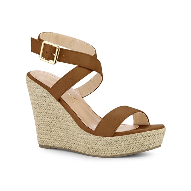BLISSFUL STEP Chaussures pour Femmes Sandales Espadrilles à Talon Compensé Slingback à Brides Croisées Brun 9