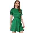 thumbnail image 1 of INSPIRE CHIC Robe Satinée à Manches Courtes Bouffantes pour Femme, Col Montant à Volants, Taille à Nouer, Vert, TP, 1 of 5