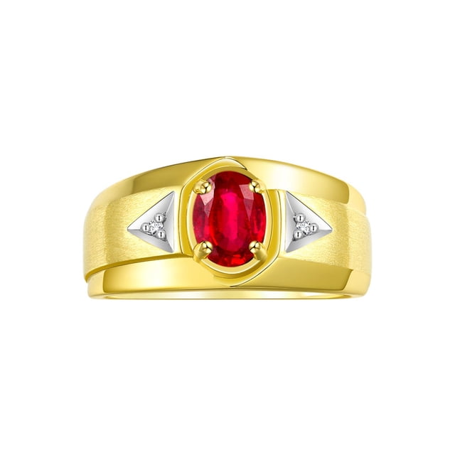 RYLOS Men's Rings 14K Yellow Gold Classic 7X5MM Oval Gemstone & Diamond Designer Ring Ruby July Birthstone Rings For Men, Gold Rings Size 13