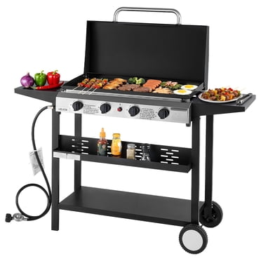 VEVOR Gas Griddle, 4-Burner Flat Top Grill, 29 inch Grill Plate Propane Griddle with Wheels, Lid, 28000 BTU Outdoor Flat Top Grills for Pan-Frying, Grilling