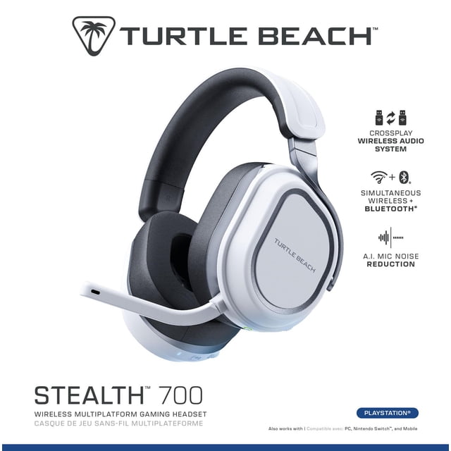 Turtle Beach Stealth 700 wireless multiplatform gaming headset in white with black memory foam ear cushions and adjustable steel-reinforced headband, featuring a flip-to-mute mic with AI noise reduction, CrossPlay wireless system, simultaneous Bluetooth 5.2, and customizable audio via Swarm II app.