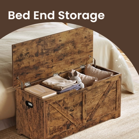 Coffre de Rangement, Malle de Rangement avec 2 Charnières de Sécurité, Banc de Rangement, Banc à Chaussures, Style Ferme, pour Entrée, Chambre, Salon, Brun Rustique