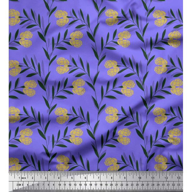 Soimoi Purple Cotton Duck Fabric Leaves & Clover Flower Hand Drawn Printed Craft Fabric by the Yard 56 Inch Wide