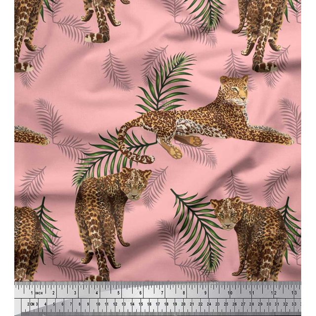 Soimoi Moss Georgette Fabric Leaves & Leopard Animal Print Sewing Fabric Yard 42 Inch Wide