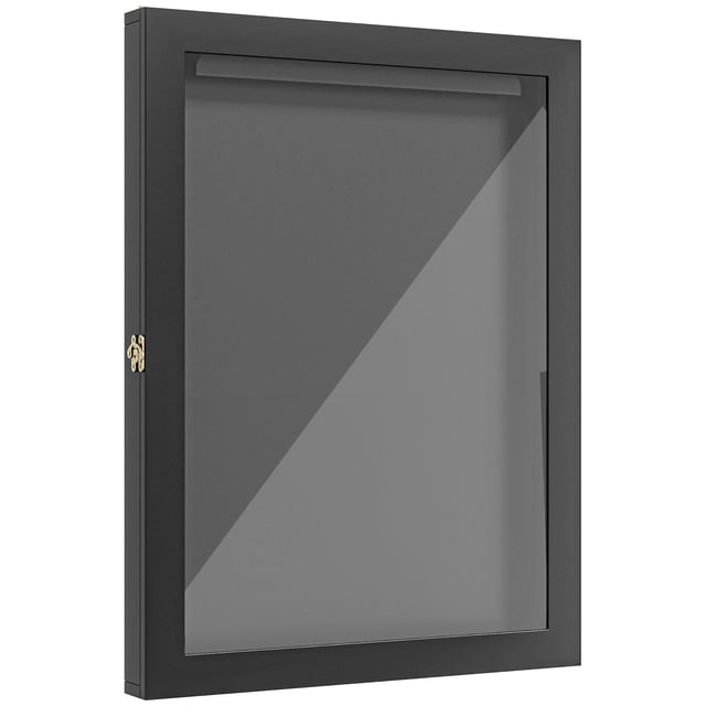HOMCOM Jersey Display Frame Case, a black shadow box with a hinged UV-resistant acrylic door and brass hooks for wall mounting. Ideal for storing sports memorabilia like jerseys, pennants, and photographs, it features a hanger inside and measures 23.6 inches wide by 31.5 inches high by 2.6 inches deep.