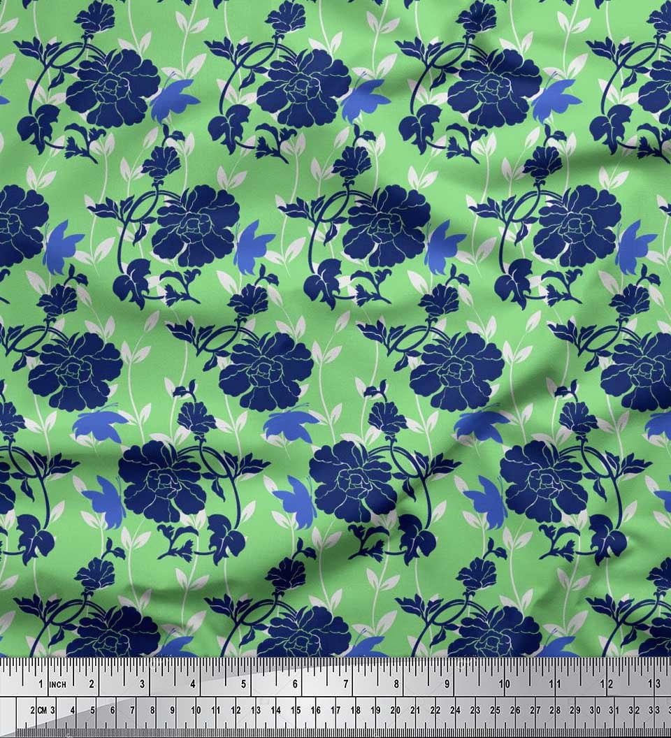 Soimoi Green Rayon Fabric Leaves,Insect & Floral Artistic Decor Fabric Printed BTY 42 Inch Wide