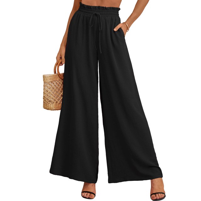 Showmall Women's Wide Leg Palazzo Pants, Drawstring Waist with Pockets, Black, M