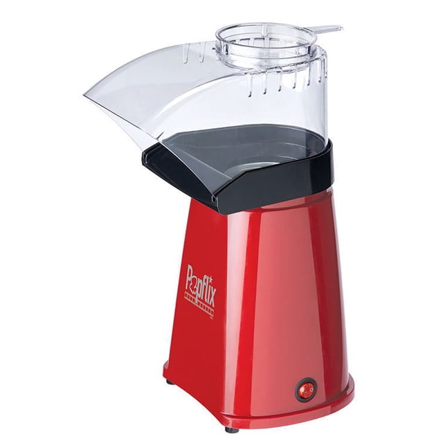 Popflix™ 16-Cup Hot Air Electric Popcorn Maker in red with clear plastic canopy and black rim, using hot air technology for healthy, oil-free popcorn, featuring a front power switch and compact tapered design for countertop use.