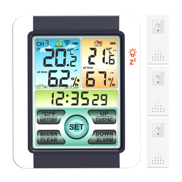 Amdohai Compteur de Température et d'Humidité Intérieur Extérieur Écran Tactile Couleur avec Rétroéclairage Heure Alarme Fonction Répétition Ménage