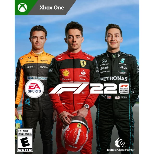 F1 22 (Xbox One) cover featuring three Formula 1 drivers in official racing suits standing side by side against a blue sky. The center driver wears a red and black Ferrari suit holding a red Ferrari helmet. The left driver wears an orange and black McLaren suit holding a blue and yellow helmet, and the right driver wears a black Mercedes Petronas suit. The image includes EA SPORTS, F1 22, Codemasters logos, and Xbox One branding.
