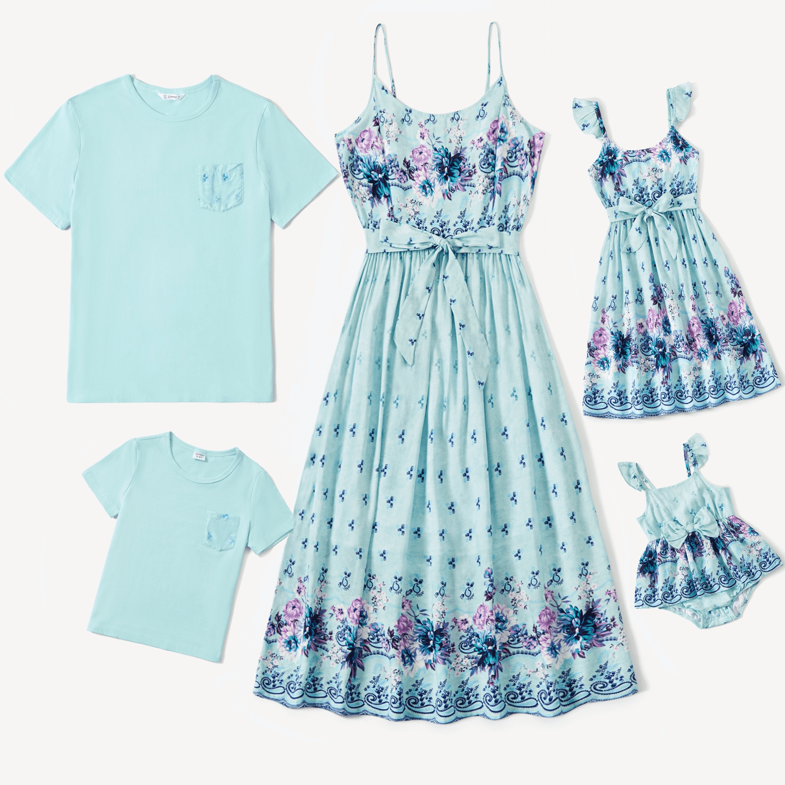 PatPat Family Matching Light Blue Tee and Flowy Floral Shirred Back Belted Strap Dress
