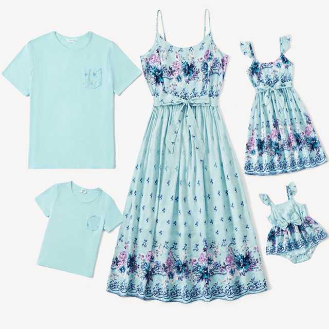 PatPat Family Matching Light Blue Tee and Flowy Floral Shirred Back Belted Strap Dress
