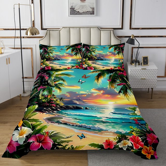 Erosebridal Cartoon Beach Coverlet Set Queen, Ocean Floral Leaf Bedding Set, Butterfly Decor