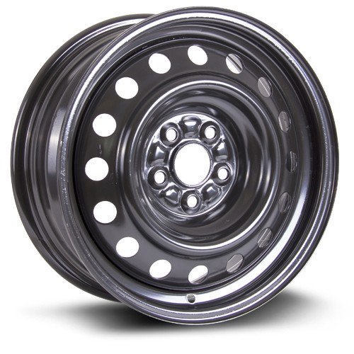X45921 Wheel by ROBERT THIBERT INC, a 15-inch black tire rim compatible with Toyota Corolla models. It features a 6.5-inch width, 5x100 bolt pattern, and a 54.1mm center bore. The rim has a durable design with circular cutouts, ideal for automotive applications.