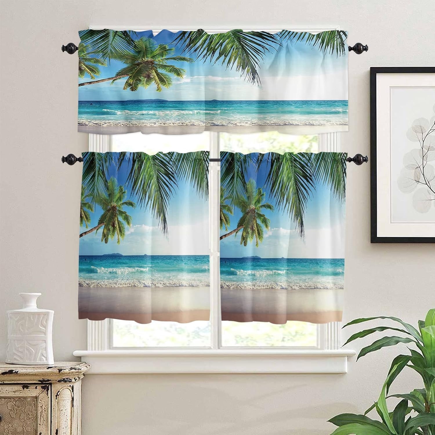 Kitchen Curtains and Valances Set,Palms Tree Ocean Tropical Sea Window Treatments Tiers Beach Theme Semi Sheer Half/Short Curtains for Small Windows Cafe /Living Room/ Bedroom 54x36 in, 3-Piece