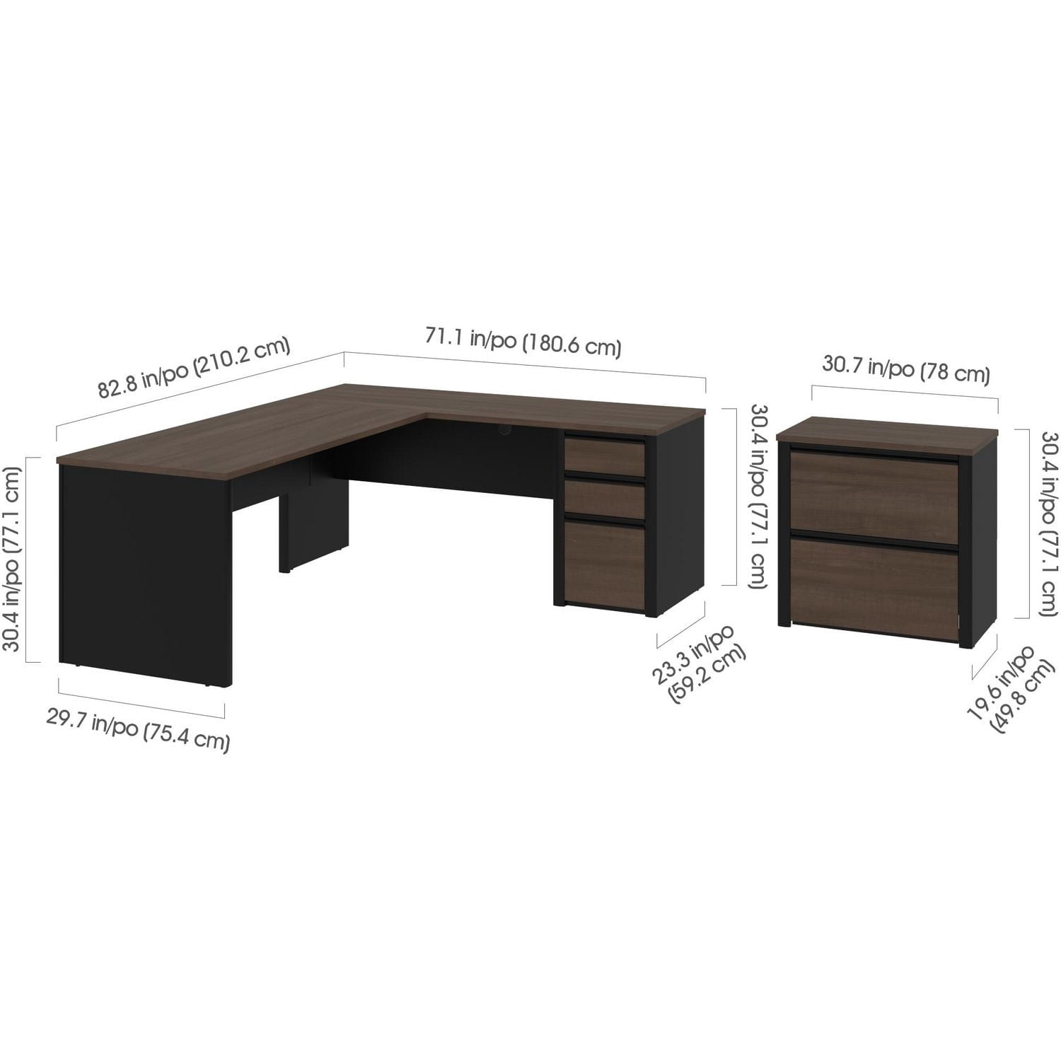 Bureau assis-debout en L 72L avec classeur latéral Connexion de Bestar, antigua et noir