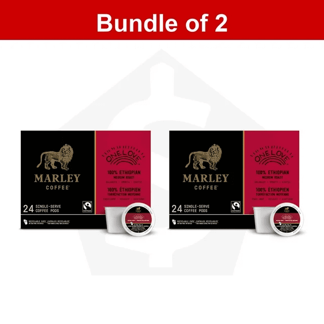 Bundle of 2 - Marley Coffee Single Serve K-Cup Compatible Capsules, One Love 100% Ethiopian, Medium Roast, 48 Count