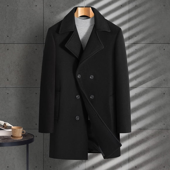 NTACZA Notched Lapel Winter Men Jackets Black Wool Trench Coat Double-Breasted Mid-Length Peacoat Mens Coats Winter,M