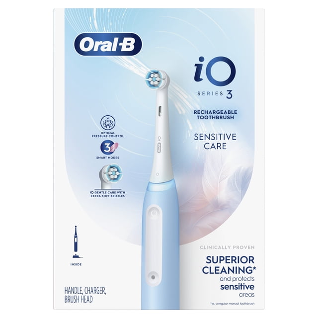 Oral-B iO Series 3 rechargeable electric toothbrush with white and light blue handle and round brush head featuring extra soft bristles, optimal pressure control, and three smart modes for sensitive care, shown on packaging highlighting clinically proven superior cleaning and protection of sensitive areas.