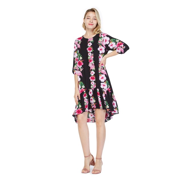 Hawaiian Manches 3/4 Sirène Tunique Robe M Rose Noir Hibiscus Vigne des Femmes