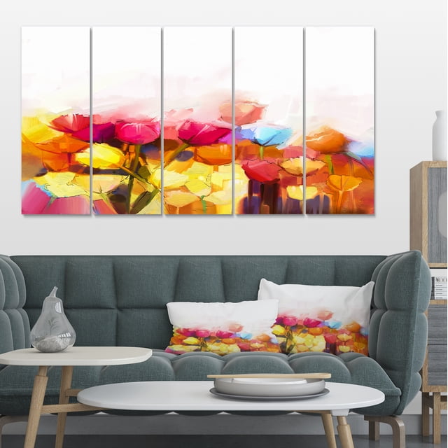 Yellow Pink Red Tulips on White - Large Floral Canvas Artwork
