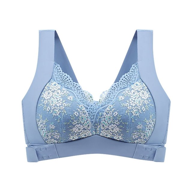 CHUANK Women‘s Front Closure Posture Wireless Back Support Lace Full Coverage Bra Sky Blue 4XL