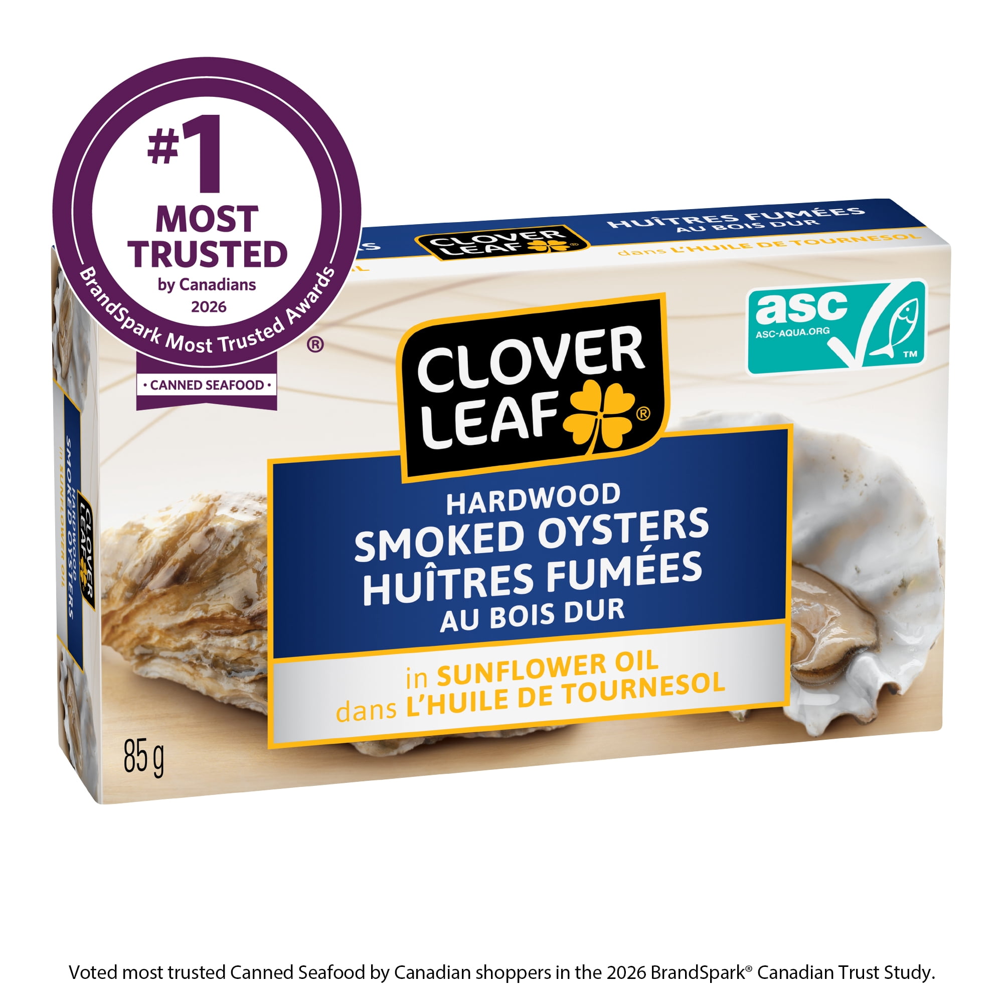 Clover Leaf Hardwood Smoked Oysters in Sunflower Oil 85g. ASC Certified. High in Protein. Canned Seafood. Gluten Free.