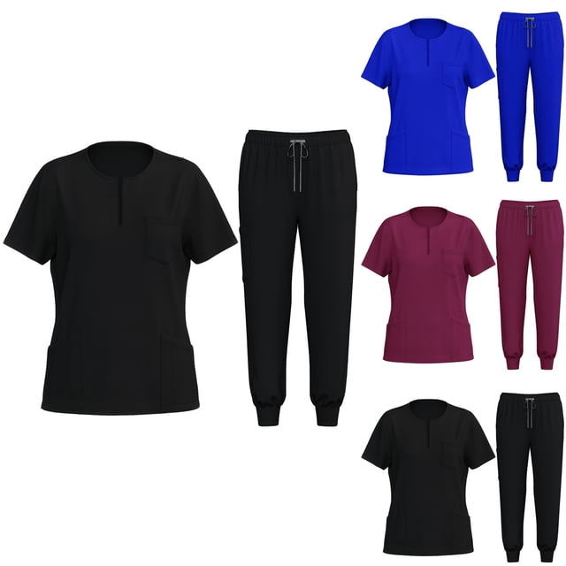 Sentmoon Plus Size Two Piece Sets for Women Short Sleeve Crew Neck Tops Women's Solid Color Pocket With Elastic Drawstring Waist Long Pants Dry Cleaning Hand Clothes Nurse Clothes Set Suit