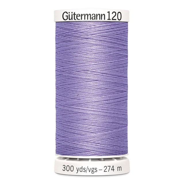Gutermann 120 100% polyester all purpose thread spool in light purple with 300 yards (274 meters) length, suitable for machine and hand sewing on cotton, synthetics, and natural fibers, often used for crafts and mending projects.