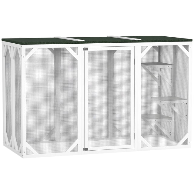 PawHut Cage pour Chat Intérieur Catio Enclos Extérieur pour Chat avec un Bois de Sapin Blanc et un Cadre en Treillis Métallique, Doté d'Un Toit Imperméable en Asphalte Feutré. l'Enceinte Comprend Plusieurs Plateformes à Différentes Hauteurs pour Grimper et Se Reposer, Convient aux Chats et Autres Petits Animaux. les Dimensions Sont de 70,9 Pouces de long, 31,5 Pouces de large et 44,1 Pouces de Haut, avec une Grande Porte pour un Accès Facile. Conçue pour une Utilisation Intérieure et Extérieure, Offrant un habitat Sûr et Résistant aux