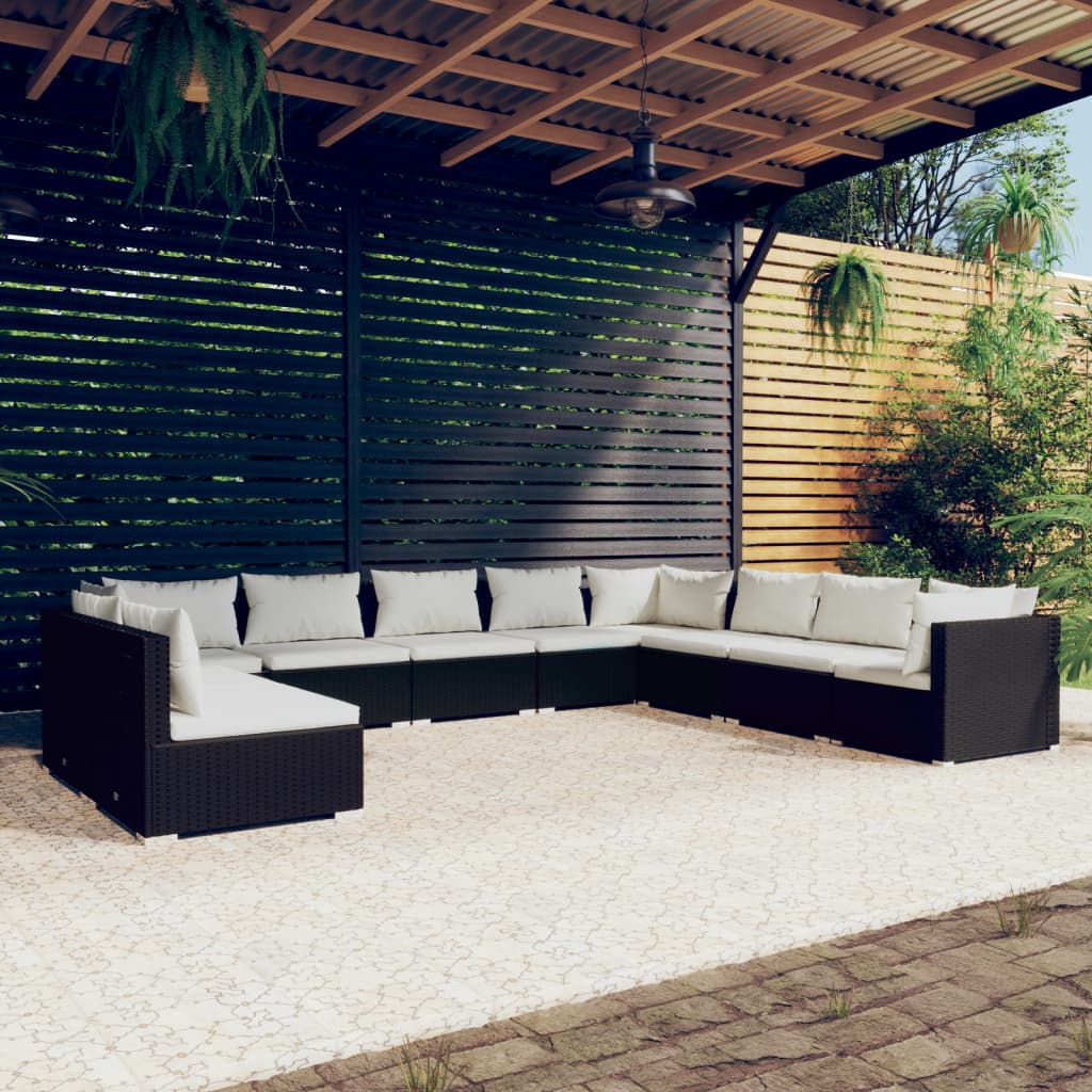 vidaXL 10 Piece Garden Lounge Set with Cushions Black Poly Rattan