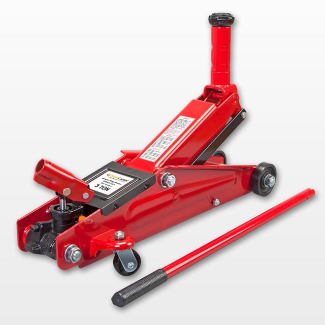 Hydraulic Trolley Floor Jack With Piston Quick Lift Pump, 3 Ton (6,000 lb) Capacity, Red. Designed for automotive repair and car lifting tasks, it features durable stainless steel construction, built-in internal safety valve, and vent plug for safe operation. Includes swivel saddle for easy positioning, rugged universal joint for precise load control, and fast lift design for quick height adjustment. Equipped with two large steel casters and two 360-degree swivel casters for smooth maneuverability. Side handle allows for convenient carrying. PrimeCables® branding visible on the jack.