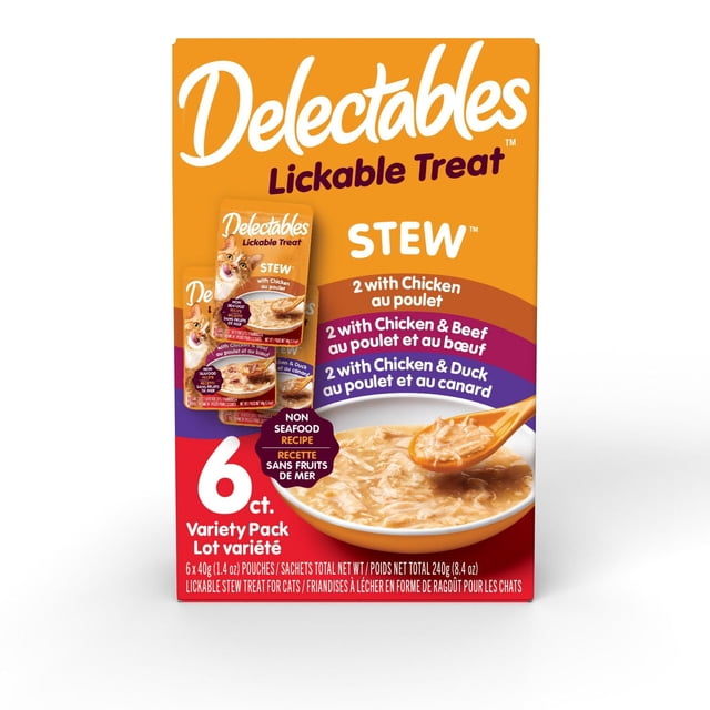 Delectables Gâterie Humide pour Chat en Ragoût Non Fruits de Mer, Assortiment de 6 Unités Comprenant des Sachets de Ragoût Léchables dans des Saveurs de Poulet, Poulet et Bœuf, et Poulet et Canard, Sans Grains et Sans Ingrédients de Fruits de Mer, Montré avec un Bol de Ragoût et une Cuillère sur l'Emballage avant.
