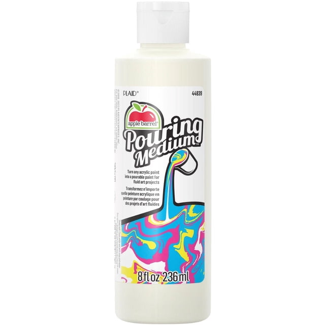 Apple Barrel Pouring Medium, 8 fl. oz. bottle with white flip-top cap, a water-based acrylic paint medium that creates pourable paint for fluid art and marbled effects, featuring colorful swirling paint graphic on label, ideal for canvas, wood, and paper crafts.