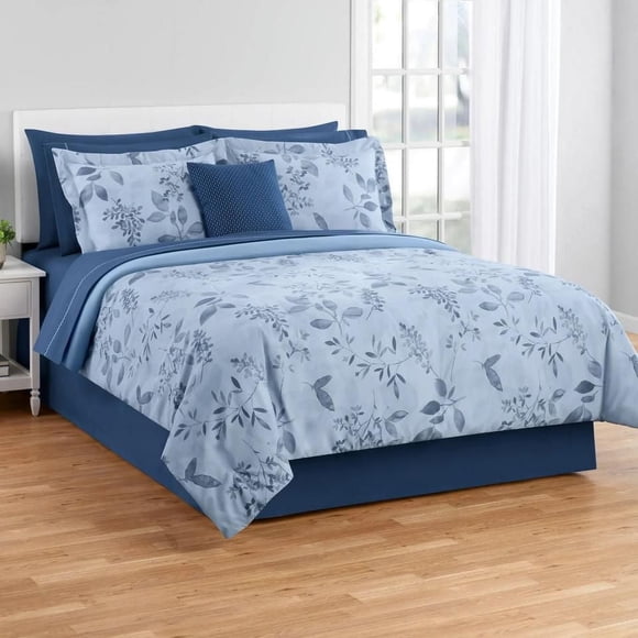Mainstays Soft Touch Bed in a Bag 11-Piece Reversible Blue Floral Comforter Set with Sheets, Queen