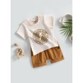 thumbnail image 3 of Faithtur Toddler Boys Summer Outfit Sets Short Sleeve Letter Pattern Print Tops + Brown Drawstring Shorts, 3 of 8