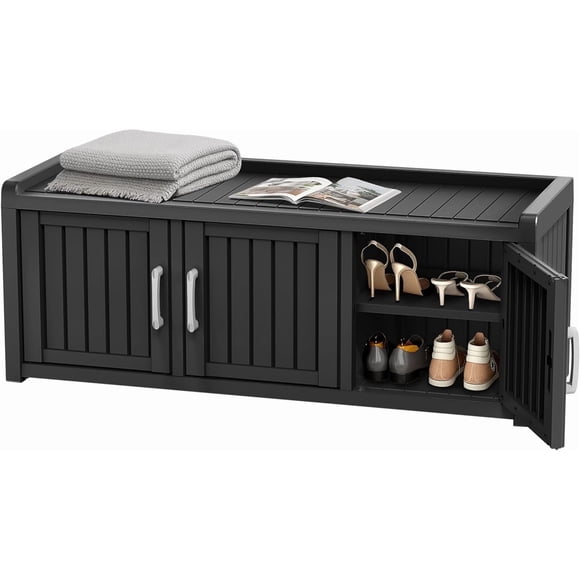 FICARTS Shoe Cabinet with Storage Bench, Waterproof UV-Resistant, 3-Door, Adjustable Shelves