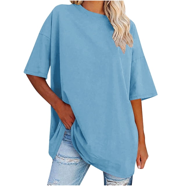 Plebaso T-Shirts Surdimensionnés pour Femmes 2025 Manches Courtes Hauts Amples Col Rond Décontracté Uni T-Shirts Basiques pour Femmes