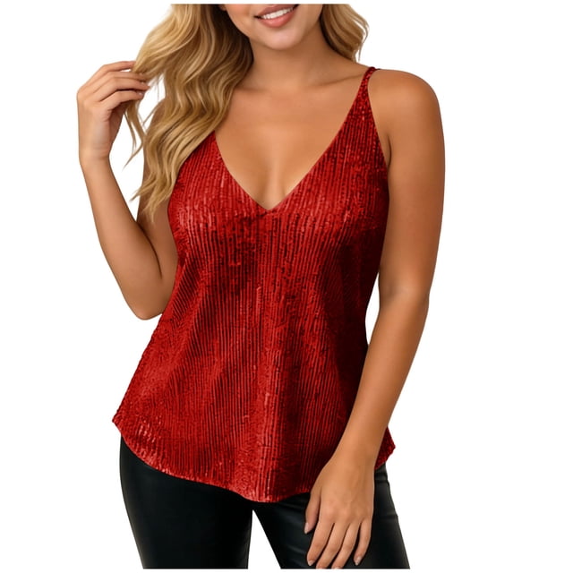 Plus Size Tank Tops for Women Loose Fit V-Neck Spaghetti Strap Sequin Ruched Waist Solid Top with Stretchy Lining