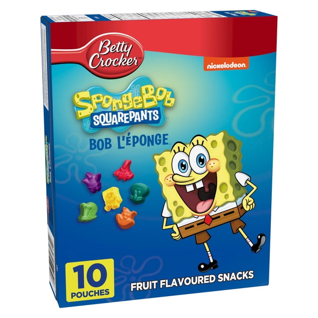 Betty Crocker Sans Gluten Bob L'éponge Édition Animée Boîte de Collations Aromatisées aux Fruits Montrant des Collations Colorées en Forme de Fruits et une Grande image SpongeBob sur un Fond Bleu, Contenant 10 Sachets de Collations pour Enfants Sans Gras, Aromatisées Naturellement et Sans Gluten, Convenant pour Grignoter Ou Décorer des Petits Gâteaux et des Gâteaux.