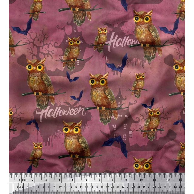Soimoi Rayon Fabric Owl,Bat & Haunted House Halloween Print Sewing Fabric Yard 42 Inch Wide