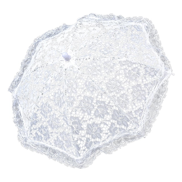 White Lace Decorative Umbrella Photography Scene Prop Umbrella featuring a floral lace and embroidery design. Made with lace fabric, steel ribs, and a steel handle, this vintage-style parasol is ideal for wedding decorations, photography props, or costume accessories. The umbrella has 8 ribs, a manual open mechanism, and a lace density of 210T. Suitable for themed parties, cosplay, or dance performances.