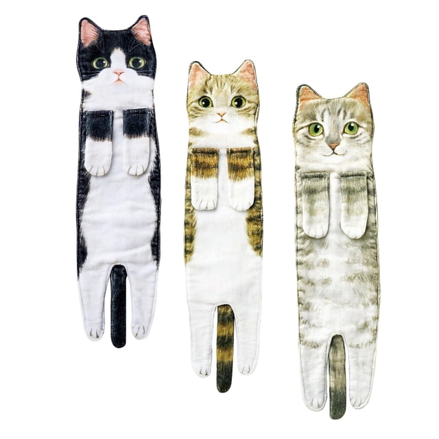 GUOOL 3 pieces Cat Funny Hand Towels Decorative Drying Towel Bathroom Drying Hands L