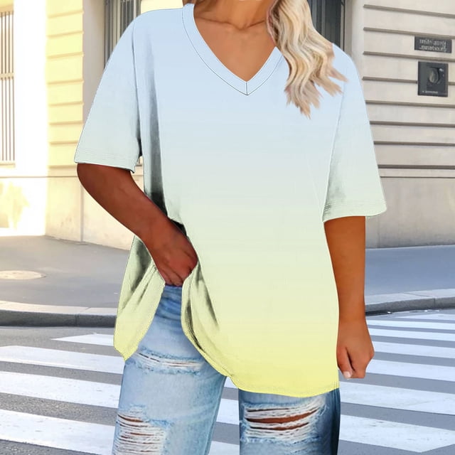 Ovbmpzd Plus Size Ladies Tops V-Neck Yellow Short Sleeve Comfy Gradient Color Blouses Shirts for Teens XL