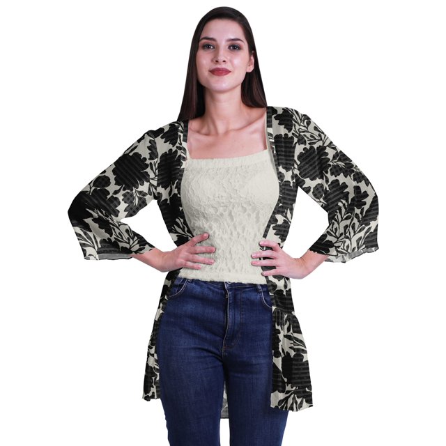 Moomaya Cardigan Court Imprimé en Georgette de Viscose à Manches Longues pour Femmes