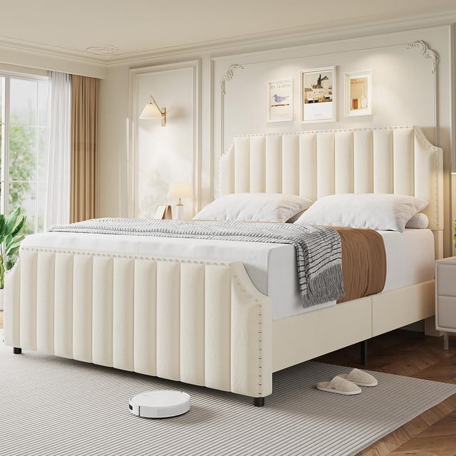 PIONEERWORKS King Size Bed Frame with 50.2“ Headboard Platform, Velvet Upholstered Bed Frame with Vertical Channel Tufted Headboard & Footboard, Cream