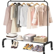 SUSUZI 51” Single Rod Clothes Rack, Heavy-Duty Garment Rack with Wheels, Closet Organizer with 6 Hooks & Bottom Storage (Black)