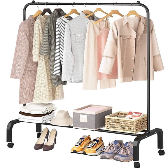 SUSUZI Support à Vêtements à Tige Simple de 51”, Portant à Vêtements Robuste avec Roulettes, Organisateur de Garde-Robe avec 6 Crochets et Rangement Inférieur (Noir)