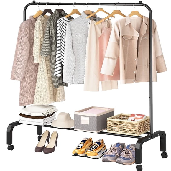 SUSUZI 51” Single Rod Clothes Rack, Heavy-Duty Garment Rack with Wheels, Closet Organizer with 6 Hooks & Bottom Storage (Black)