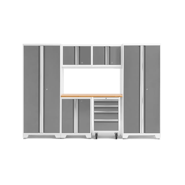 NewAge Products Bold Series 7-Piece Cabinet Set featuring two tall multi-use lockers, two wall cabinets, one base cabinet, one rolling tool cabinet with anti-tip locking casters, and a 48-inch bamboo worktop. Made from heavy-duty 24-gauge steel with a powder-coat paint finish, the set includes adjustable steel shelves, full-length aluminum handles, and fully lockable doors for secure storage. Dimensions: 108 inches wide, 18 inches deep, and 72 inches high, with adjustable legs increasing height to 75.25-76.75 inches.